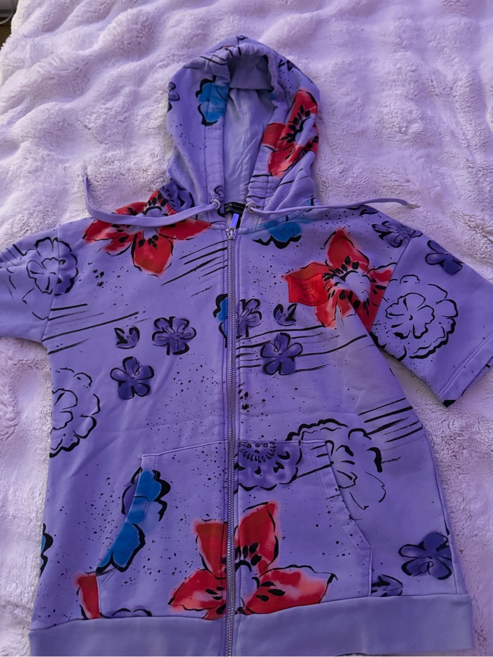 Armani Exchange Lavender Floral Zip Hoodie with Red & Blue Accents